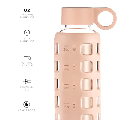 purifyou 40oz / 32oz / 22oz / 12oz Borosilicate Glass Water Bottle with Time & Volume Markers, Silicone Sleeve, Stainless Steel Lid | Reusable Glass Bottle for Water & Juice (12oz Hazelnut)
