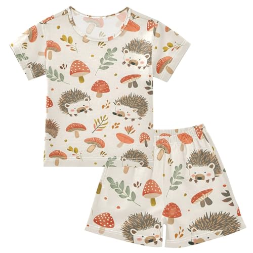 ALAZA Hipster Hedgehog Mushroom Pajamas Short Sleeve 2 Piece Sleepwear Top and Bottom Pajama Set Unisex