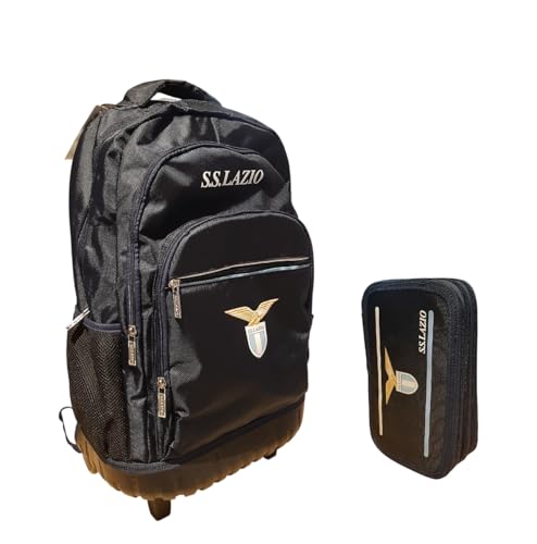 PRESTIGE & DELUXE Sac à dos scolaire SS Lazio officiel + trousse 3 étages complète + porte-clé sifflet + 10 stylos colorés, multicolore, Trolley