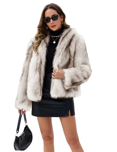 FIOPHY Womens Faux Fur Coats Long Sleeve Stand Collar Open Front Jacket Top