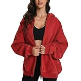 FAIABLE Womens Mens Zip Up Hoodie Oversized Acid Wash Hoodies Heavyweight Distress Cotton Fleece Zipper Hoodie Vintage Zip Washed Hoodie Sweatshirt Red
