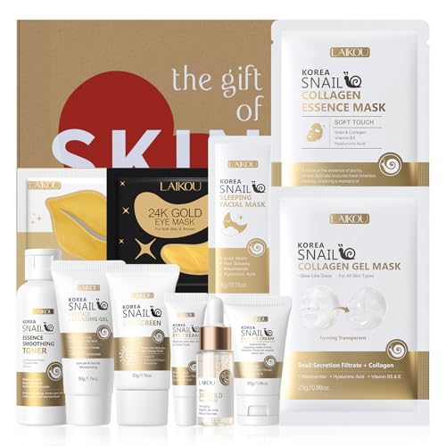 LAIKOU Skincare Set 11 PCS Korea Snail Skin Care Sets & Kits with Collagen& 24K Gold For Hydrating & Repairing Skin Birthday Christmas Pamper Gifts for Women Teenage Girls Friend Travel-Friendly