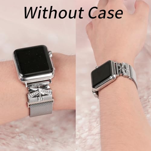 Magnetic Band for Women Compatible with Apple Watch Band 38mm 40mm 41mm 42mm 44mm 45mm 46mm Milanese Stainless Steel Loop with Bling Protective Case, Dressy Metal Strap Replacement iWatch Band