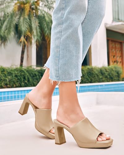 Image of Womens Platform Chunky Heels Mules Square Open Toe High Heeled Sandals Slip On Slides Dress Shoes