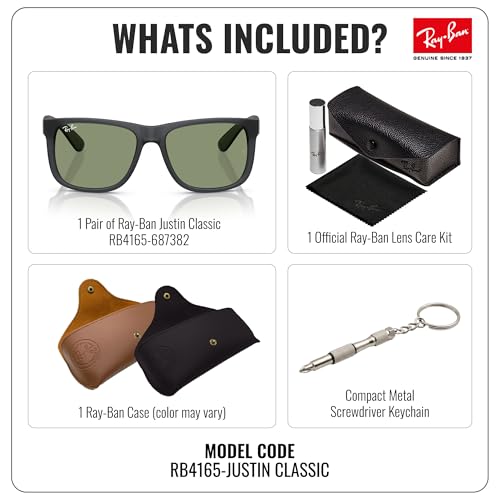 Image of Ray-Ban RB4165 JUSTIN CLASSIC Square Shape Sunglasses for Men with Official Eyewear Kit