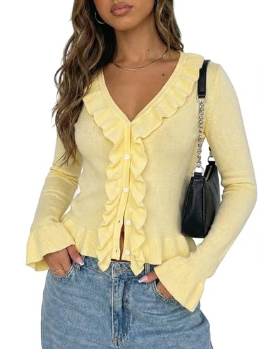 TROENPD Womens Ruffle Button Down Cardigans V Neck Long Flared