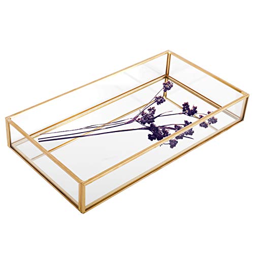 Homtone Badezimmertablett 25cm, Gold Glastablett Tablett Dekotablett Retro Spiegeltablett, Glass Kosmetik Organizer Aufbewahrung Tablett für Schminktisch Dekor (25 x 14 x 4 cm)