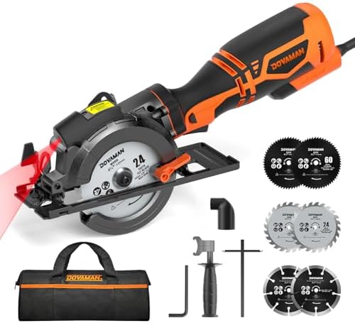 DOVAMAN Circular Saw, 5.8A 4-1/2" Circular Saw w/Laser, Metal Auxiliary Handle, 6 Blades (4½", 4¾"), Cutting Depth 1-11/16" (90°), 1-3/8" (45°), Ideal for Wood, Soft Metal, Plastic, Tile - MCS01A
