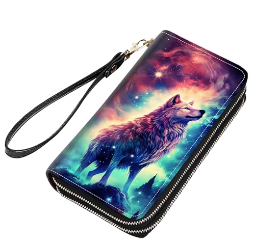 Wolf Print Women Large Capacity PU Leather Double Zipper Wallet, Multifunctional Clutch Purse for Cash/Card/Coin/Smart Phone