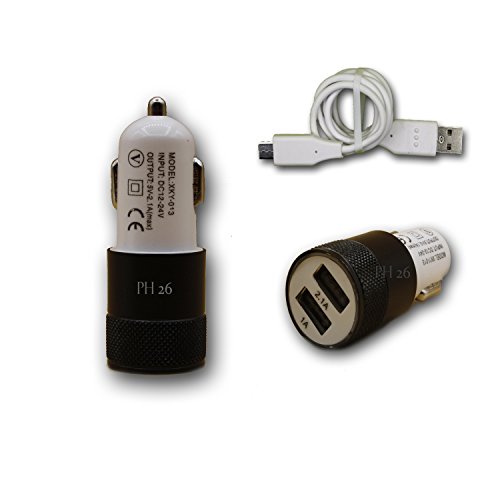 PH26 Chargeur Voiture Allume-Cigare Ultra Rapide Car Charger 2X USB 2100mA + 1000mA (+câble Offert) Noir pour LOGICOM L-EGANT One-R