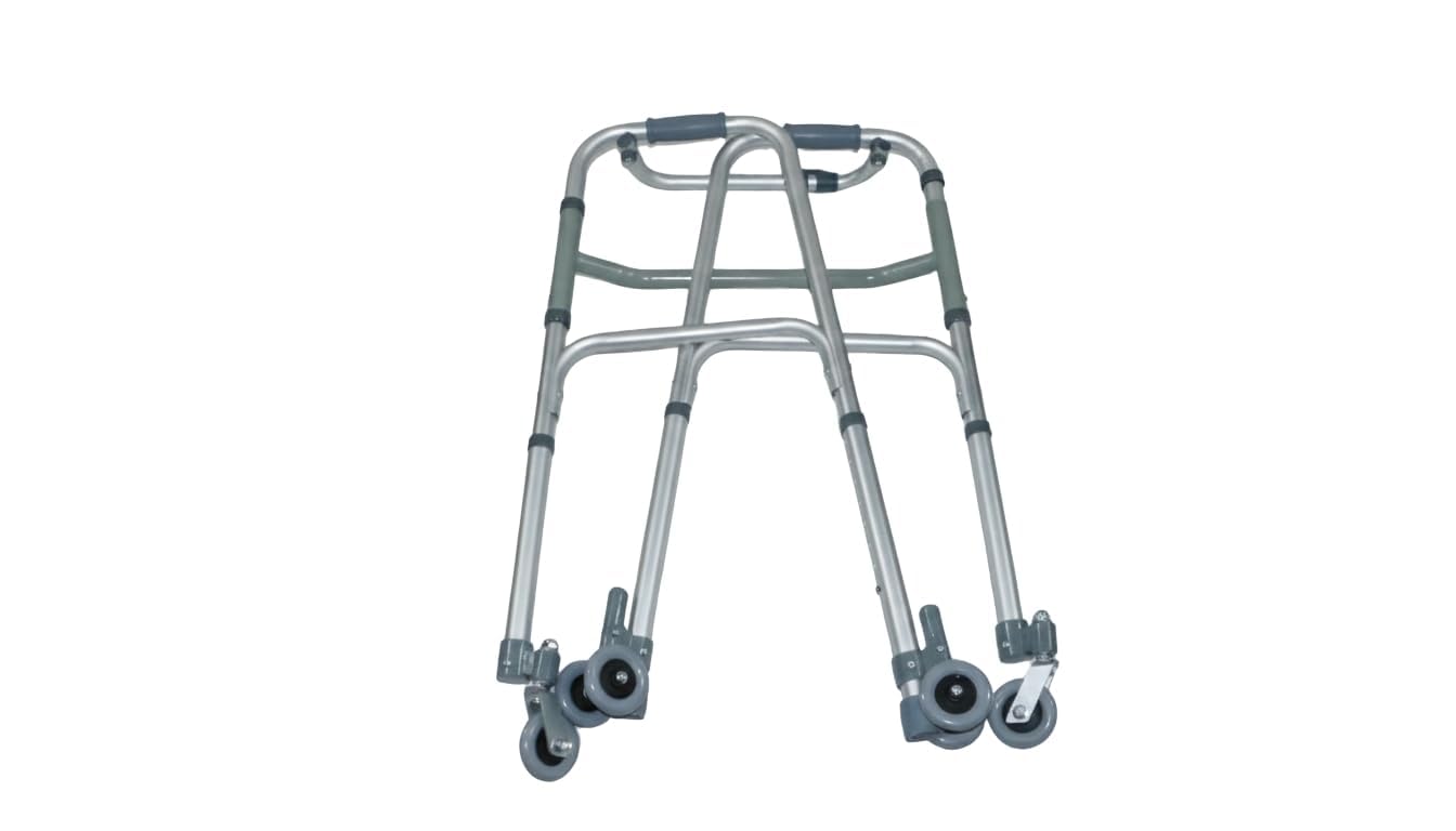 Ausilium Deambulatore Pieghevole a 4 Ruote in Alluminio, Ruote Anteriori Piroettanti e Posteriori Gemellate con Freno, Manopole Ergonomiche Imbottite, 3,4 kg, Portata 120 kg, Altezza Regolabile