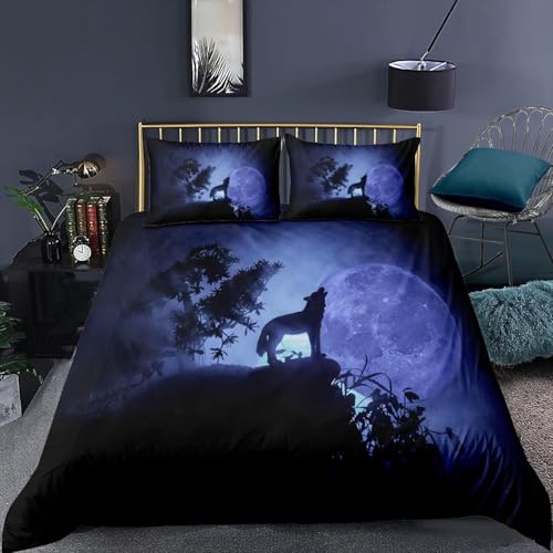 Loup Animalier 3D Imprimé Housse De Couette,Parure De Lit 135X200 Cm Housses De Couettes Fermeture À Glissière Microfibre Et 2 Douxtaie d'oreiller pour 3...