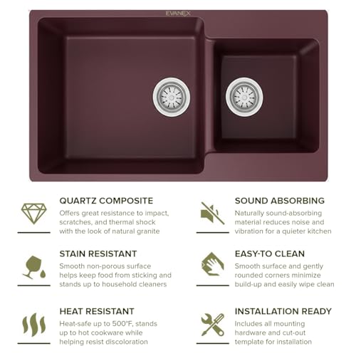 Image of EVANEX Quartz Kitchen Sink|Double Bowl Sink for Kitchen|Topmount /Undermount Kitchen Sinks|Brown Double Sink with Connector, Waste Pipe, Coupling and Drain Basket|34x20x9 Granite Kitchen Sinks
