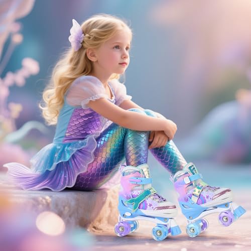 Image of NEMONE Mermaid 4 Size Adjustable Light up Roller Skates for Girls, Purple Blue Skates for Toddlers, Outdoor Beginner Kids Roller Skates Indoor - Size Small(10C-13C US)