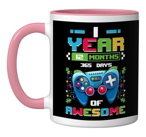 1st Birthday Video Games 1 Year Old Gamer Boys Girls Kids Ceramic Mug, Pink/White