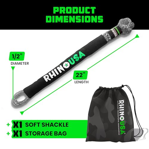 Rhino USA Synthetic Soft Shackle Rope (1PK) - 1/2 Inch x 22 Inch (46,250lb d Max Break Strength) Recovery Offroad Tow Shackles for UTV, ATV, Trucks, Jeep & More - Use with Tow Strap (Gray)