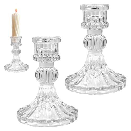2 portavelas de cristal transparente, candelabros vintage para bodas, mesas de comedor, diseño tipo diamante con base ancha, aptos para velas cónicas y pilar, listos para regalo