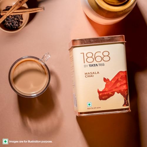 Image of 1868 by TATA Tea Masala Chai, Blend of Assam Black Tea, Cinnamon, Black Pepper, Cardamom, Ginger, Clove, Spicy, Malty, Aromatic, Whole Loose Leaf, From House of TATA (30 Cups /100g)