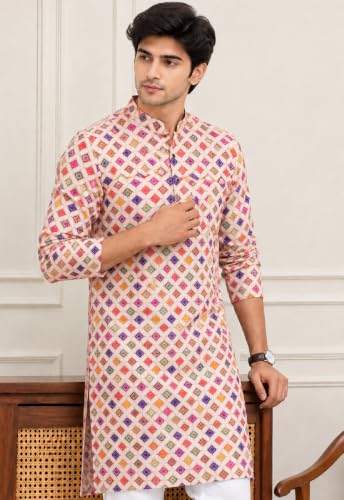 Image of FOXDX Men's Cotton Kurta, Ethnic Printed Kurta for Perfect Ethnic Look, Stand Collar Long Sleeve Casual Printed Regular Long Kurta