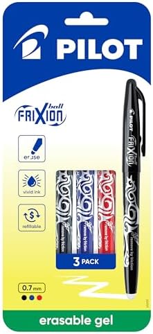 Pilot Frixion Ball Erasable Gel Pen, Fine Tip (0.7mm) - Pack of 3 Gel Pens - Black, Blue, Red