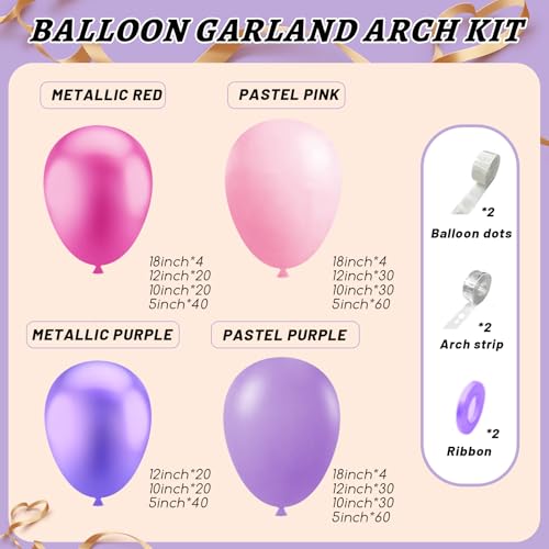 Image of 412pcs Pink and Purple Balloons, Different Sizes 18 12 10 5 Inch Pink and Purple Balloons Garland Arch Kit for Girls Women Birthday Baby Shower Wedding Party Decorations