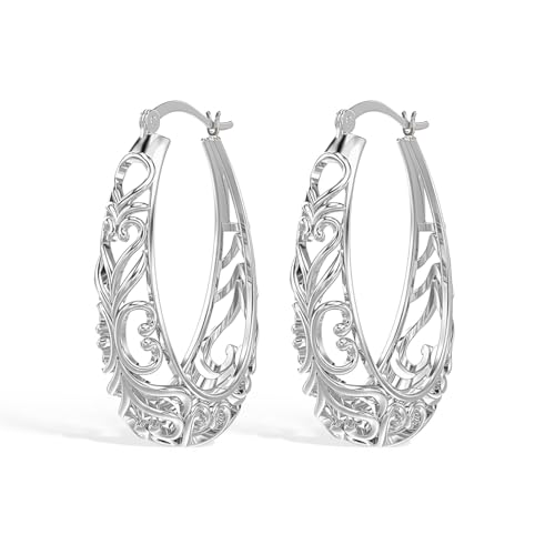 Charmsy 925 Sterling Silver Post Filigree Hoop Earrings for Women | Medium Lightweight Oval Click-Top Hoops Earring | Size 32MM