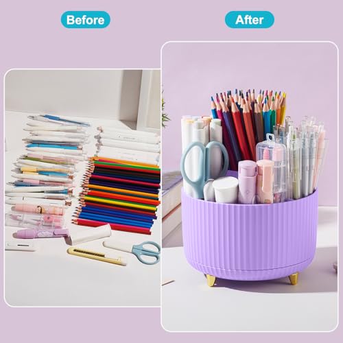 Image of 360 Rotating Plastic Desk Pen Organizer with 5 Slots, Dual-Purpose Art Supply Pencil Cup for Office, School, Home Light Purple