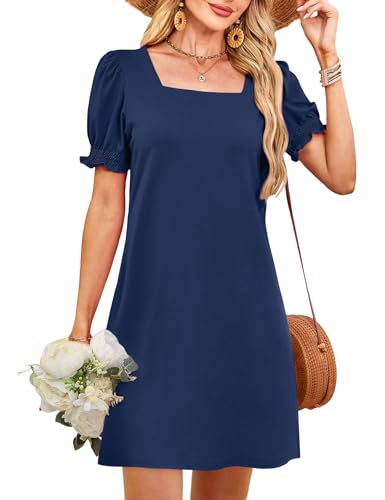 Image of RUMIA Summer Dresses for Women 2025 Casual Cute Square Neck Puff Short Sleeve Dress with Pockets