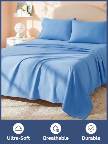 Image of Kids Queen Size Bed Sheet Set - 4 Piece Kids Loft Bed Sheets - Solid Blue Themed Bedding - Soft, Cute and Cozy - Breathable and Machine Washable - Bedding for Boys, Girls, Teens & Toddlers - Oeko-Tex