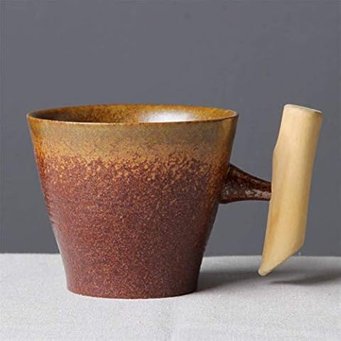 WILLBAN Japanese-style Vintage Ceramic Coffee Mug Tumbler Rust Glaze Tea Milk Beer Mug with Wood Handle Water Cup Home Office Drinkware (1A) Cover