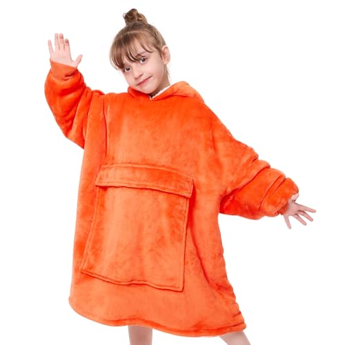 yescool Wearable Blanket Kids Hoodie, Birthday Teen Girls Gifts for 8-15 Year Old Kids Oversized Sweatshirt Sherpa Flannel Cozy Hooded Blanket with Pocket for Children, Youth Teens, One Size, Orange