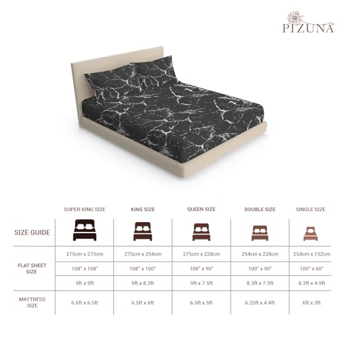 Image of Pizuna 100% Cotton Bedsheet Super King Size with 2 Pillow Covers, 400 Thread Count Long Staple Cotton, Marble Pattern Flat Bed Sheet 108X108 Inch for Superking Bed, Black Printed Bedsheet