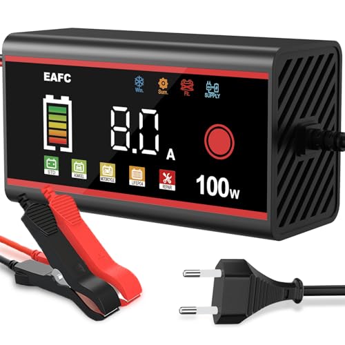 EAFC 8A 12V Cargador de Batería de Coche, 100W Cargador Baterias Coche, Pantalla de Color, Mantenedor Bateria Moto para Coche, Camión, AGM, Gel, EFB, Lifepo4