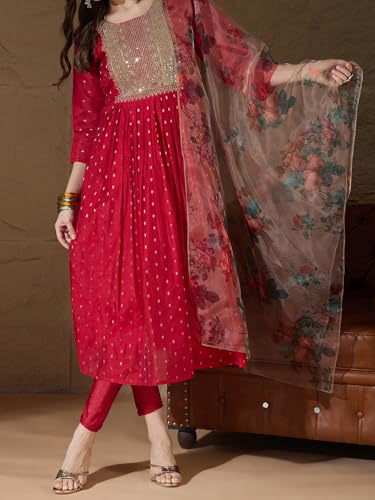 Image of Women's Chanderi Kurta with Legging and Dupatta | Modern & Traditional Blend Ethnic Wear Set | Festive & Casual Summer Kurti with Pants for Party Office & Ethnic Occasions