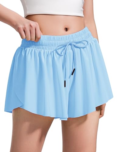 Image of BOOPH Girls Flowy Shorts Kids Athletic Butterfly Shorts with Pockets 2-in-1 | Running Tennis Sports Shorts for Girls 5-14 Years