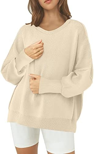ANRABESS Pullover Sweaters for Women V Neck Long Batwing Sleeve Side Split Knit Casual Solid Color Jumper Tops 2023 Fall Winter Fashion Clothes 428-kaqi-XL