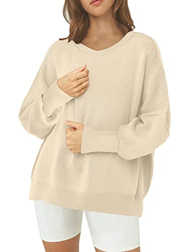 Anrabess Pullover Sweaters For Women V Neck Long Batwing Sleeve Side Split Knit Casual Solid Color Jumper Tops 2023 Fall Winter Fashion Clothes 428-Kaqi-Xl #TOP27