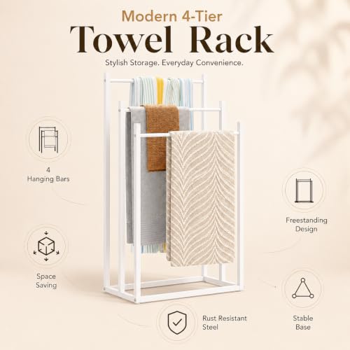 Image of Towel Rack Stand for Bathroom | 3-Tier Metal Towel Holder | Rust Resistant Powder-Coated Steel | Space Saving Towel Drying Stand for Bath Towels, Hand Towels & Blankets | White