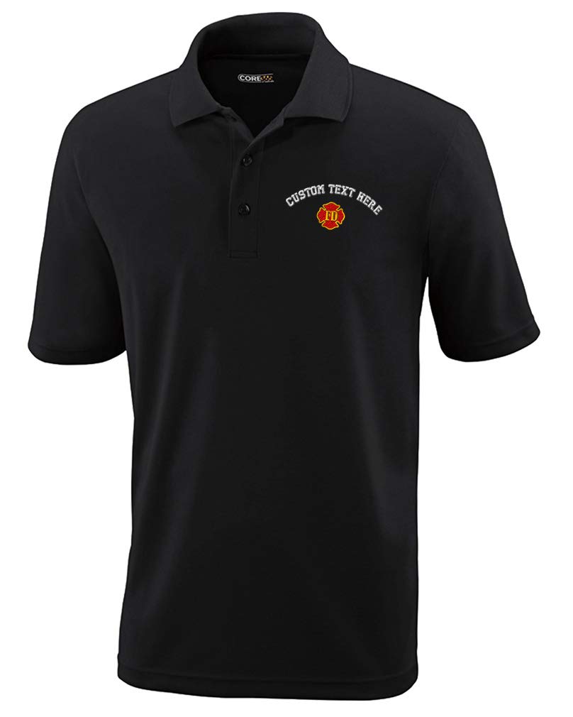 Speedy ProsCustom Text Embroidered Fd Fire Department Mens Adult Button-End Spread Short Sleeve Polyester Proformance Polo Shirt Golf Shirt - Black