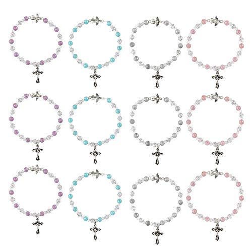 Needzo Angel Rosary Bracelet with Glass Beads and Crucifix Charm, First Communion Gift for All, Assorted Colors, Pack of 12