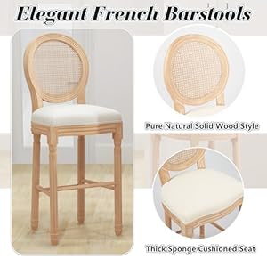 French Barstools Set of 2, Upholstered Fabric Mid Century Bar Stools, French Country Counter Chairs, 30 inches Seat Height with Solid Wood Frame Footrest & Backrest for Kitchen Island, Rattan Beige French Barstools Set of 2 Upholstered Fabric Mid Century Bar Stools French Country Counter Chairs 30 inches Seat Height with Solid Wood Frame Footrest Backrest for Kitchen Island Rattan Beige