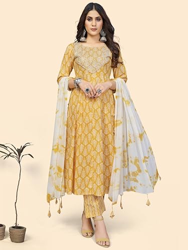 Image of Vbuyz Women's Cotton Printed A-Line Regular Fit Kurta Pant with Dupatta