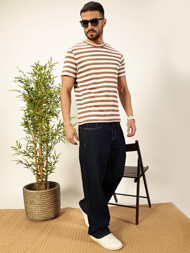 Image of Thomas Scott Men's | Striped | Half Sleeve | Regular Fit | Poly Elastane | Round Neck | Casual Tshirt