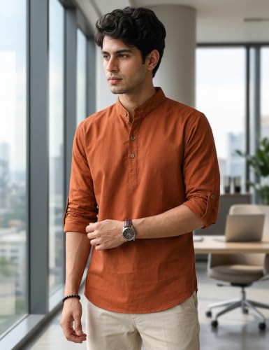 Image of Fifth U Men's Cotton Polyester Blend Solid Mandarin Collar Self Design Full Sleeve Casual Short Kurta