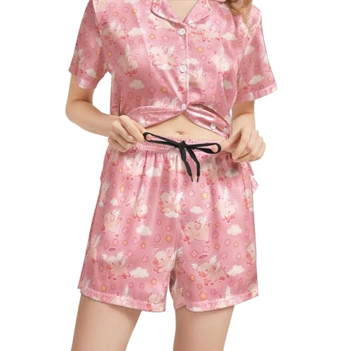 Image of Funny Pajamas for Women Set Print Satin Loungewear Pjs Short Sleeve Button Down Top and Shorts Sets Sleepwear XS-3XL