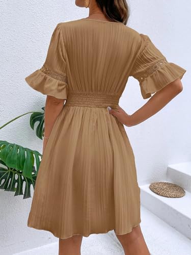 Image of Womens Summer Dresses V-Neck Lace Insert Flounce Casual Lightweight Sleeve Midi Dresses for Women 2025 Trendy