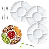 3 Große Fondueteller Wiederverwendbar mit 3 Obstabstechern +1 Obstklemme,Raclette Teller,Fondue Teller mit Unterteilung,Snackteller mit Fächern,Snacktablett für Fondue Geschirr,Nüsse Desserts(25.4cm)