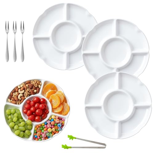 3 Große Fondueteller Wiederverwendbar mit 3 Obstabstechern +1 Obstklemme,Raclette Teller,Fondue Teller mit Unterteilung,Snackteller mit Fächern,Snacktablett für Fondue Geschirr,Nüsse Desserts(25.4cm)