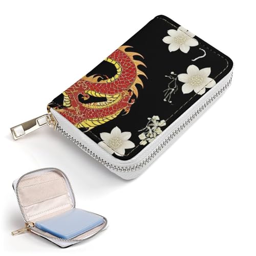 Women's Portable Card Holder Wallet, Pu Leather Credit Card Organizer Bag with 20 Slots Floral Chinese Japanese Dragon Flower Zipper Slim Coin Purse2
