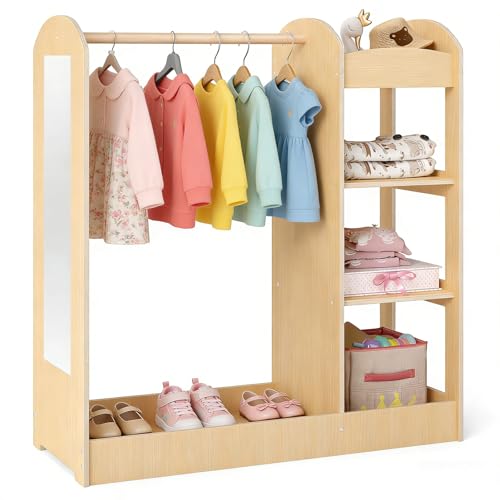 DREAMADE Portant Enfant avec Miroir et Étagère Penderie Fille 2+ Ans en Bois avec Tringle à Vêtements Garde-Robe Tout-Petits Jolie & Robuste & Stable...
